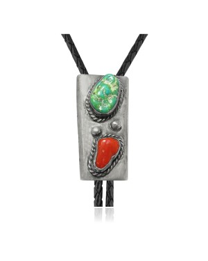 Handmade Certified Authentic Navajo .925 Sterling Silver Native American Natural Turquoise Coral Bolo Tie 34148