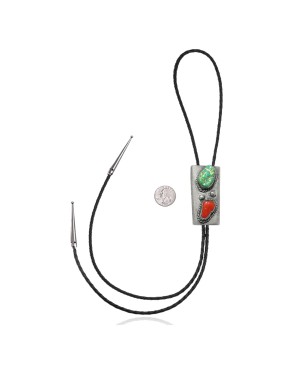 Handmade Certified Authentic Navajo .925 Sterling Silver Native American Natural Turquoise Coral Bolo Tie 34148