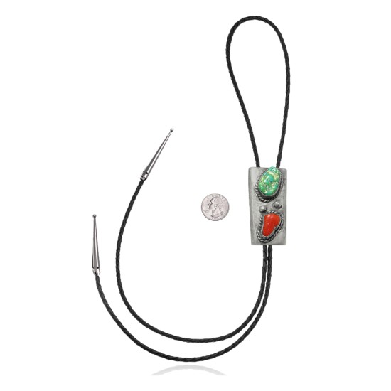 Handmade Certified Authentic Navajo .925 Sterling Silver Native American Natural Turquoise Coral Bolo Tie 34148