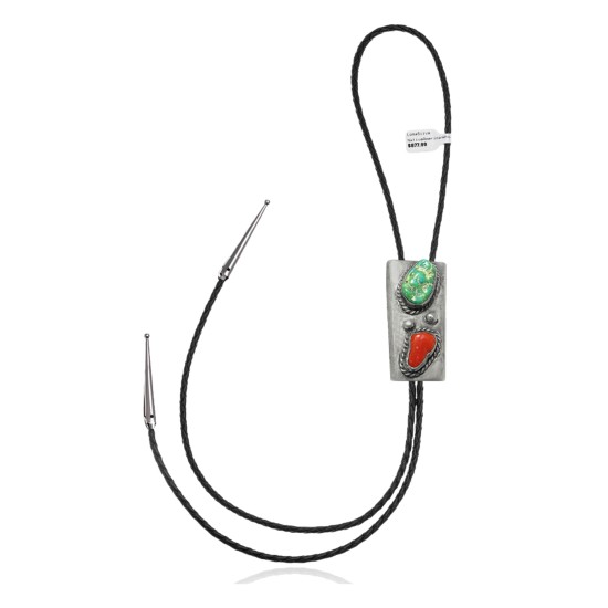 Handmade Certified Authentic Navajo .925 Sterling Silver Native American Natural Turquoise Coral Bolo Tie 34148