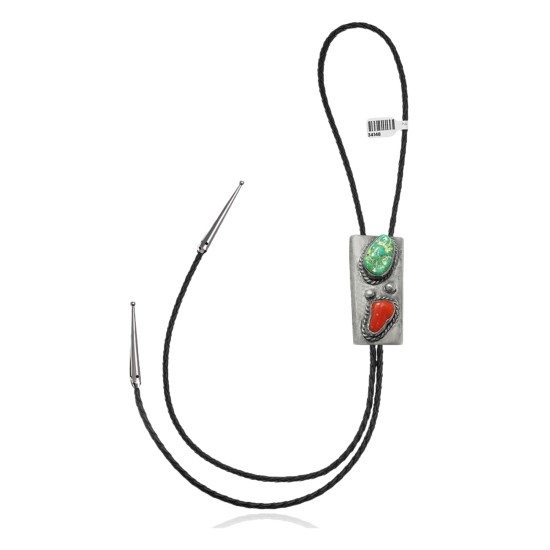 Handmade Certified Authentic Navajo .925 Sterling Silver Native American Natural Turquoise Coral Bolo Tie 34148