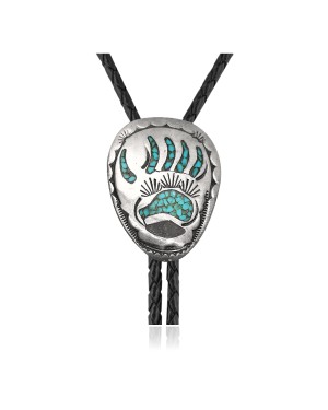 Bear Paw .925 Sterling Silver Certified Authentic Handmade Navajo Native American Natural Turquoise Bolo Tie 34153