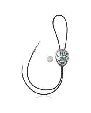 Bear Paw .925 Sterling Silver Certified Authentic Handmade Navajo Native American Natural Turquoise Bolo Tie 34153