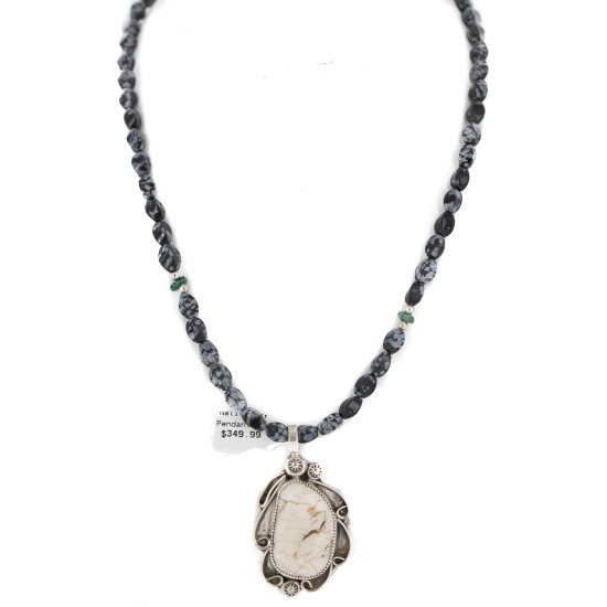 .925 Sterling Silver Certified Authentic Navajo Natural White Buffalo Snowflake Obsidian Native American Necklace 18279-3-16037-6