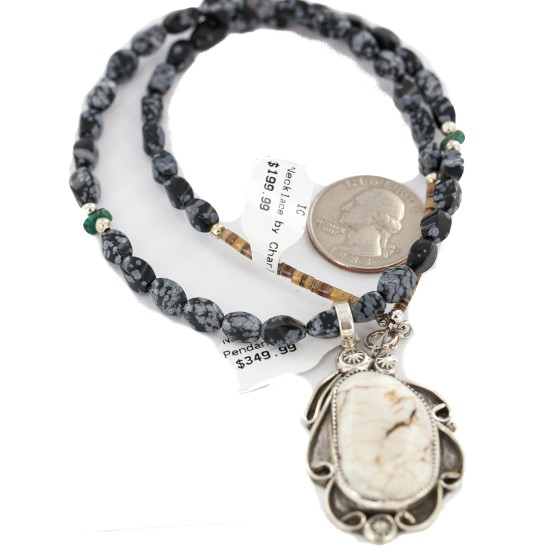 .925 Sterling Silver Certified Authentic Navajo Natural White Buffalo Snowflake Obsidian Native American Necklace 18279-3-16037-6