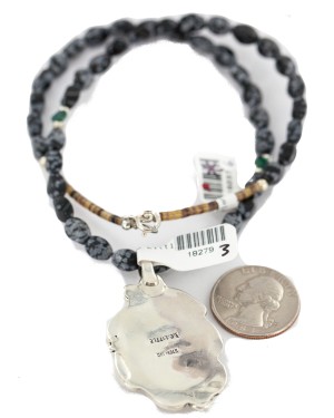.925 Sterling Silver Certified Authentic Navajo Natural White Buffalo Snowflake Obsidian Native American Necklace 18279-3-16037-6