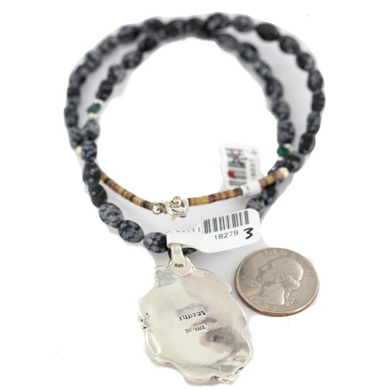 .925 Sterling Silver Certified Authentic Navajo Natural White Buffalo Snowflake Obsidian Native American Necklace 18279-3-16037-6
