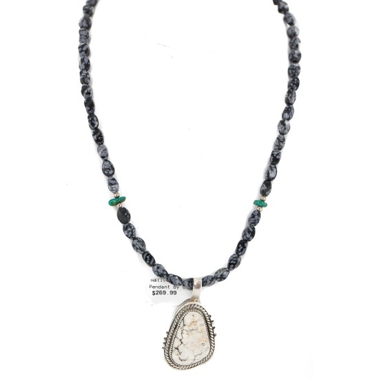 .925 Sterling Silver Certified Authentic Navajo Natural White Buffalo Snowflake Obsidian Native American Necklace 18280-2-16037-6