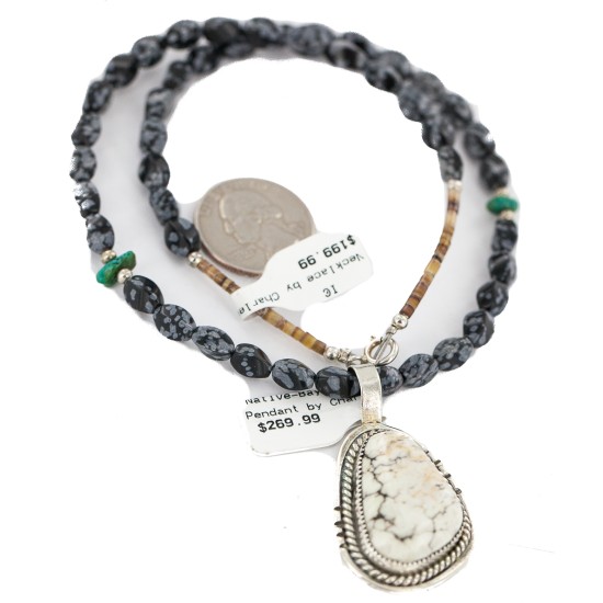 .925 Sterling Silver Certified Authentic Navajo Natural White Buffalo Snowflake Obsidian Native American Necklace 18280-2-16037-6