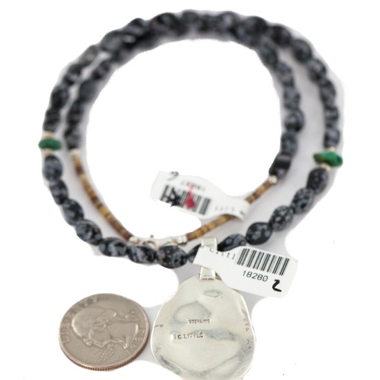 .925 Sterling Silver Certified Authentic Navajo Natural White Buffalo Snowflake Obsidian Native American Necklace 18280-2-16037-6