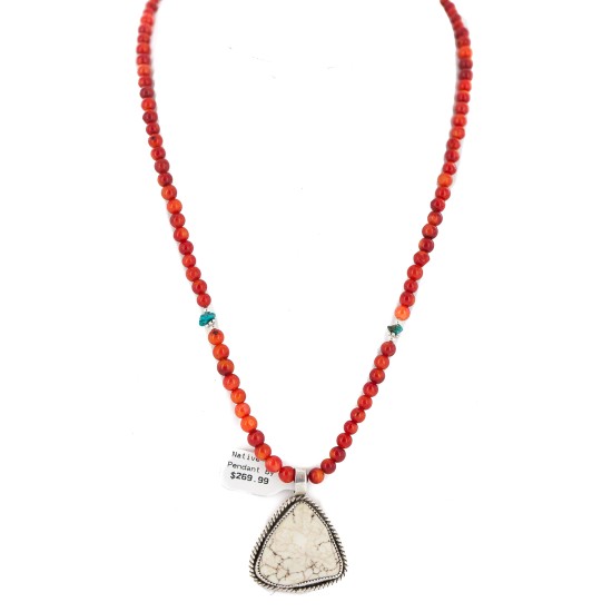 .925 Sterling Silver Certified Authentic Navajo Natural White Buffalo and Coral Native American Necklace & Pendant 18280-1-95001