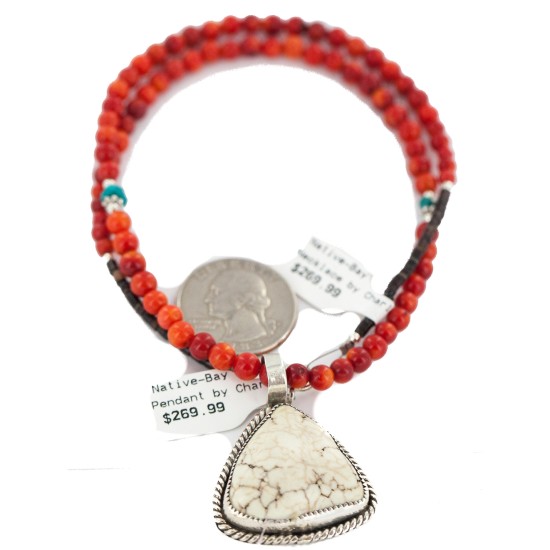 .925 Sterling Silver Certified Authentic Navajo Natural White Buffalo and Coral Native American Necklace & Pendant 18280-1-95001