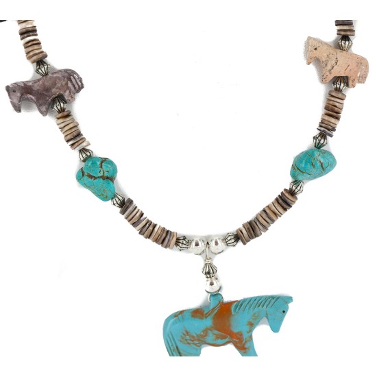 Carved Fetish Horse .925 Sterling Silver Certified Authentic Navajo Natural Jasper Bone Graduated Melon Shell Native American Necklace 18266