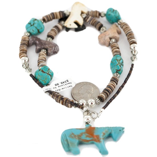 Carved Fetish Horse .925 Sterling Silver Certified Authentic Navajo Natural Jasper Bone Graduated Melon Shell Native American Necklace 18266