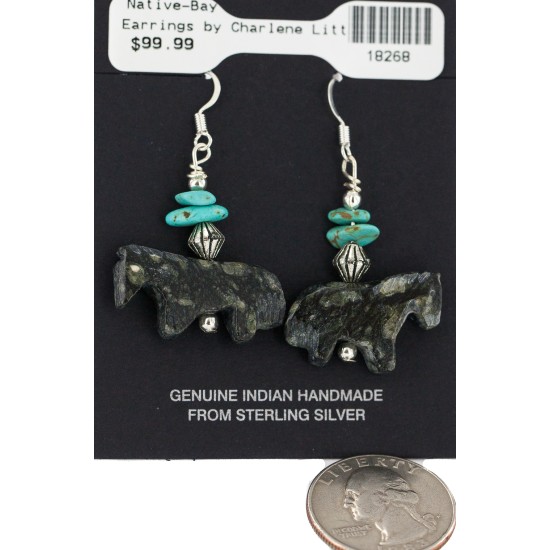 Carved Fetish Horse .925 Sterling Silver Hooks Certified Authentic Navajo Natural Turquoise Jasper Native American Earrings 18268
