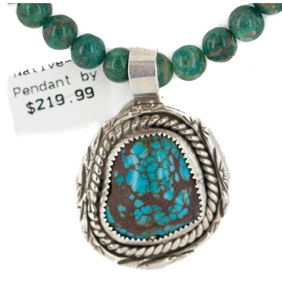 .925 Sterling Silver Certified Authentic Navajo Natural Spiderweb Turquoise Agate Native American Necklace 18281-3-18278