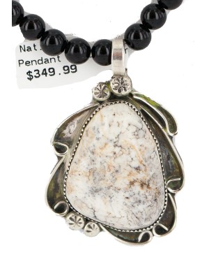 .925 Sterling Silver Certified Authentic Navajo Natural White Buffalo Black Onyx Native American Necklace and Pendant 18279-2-15786