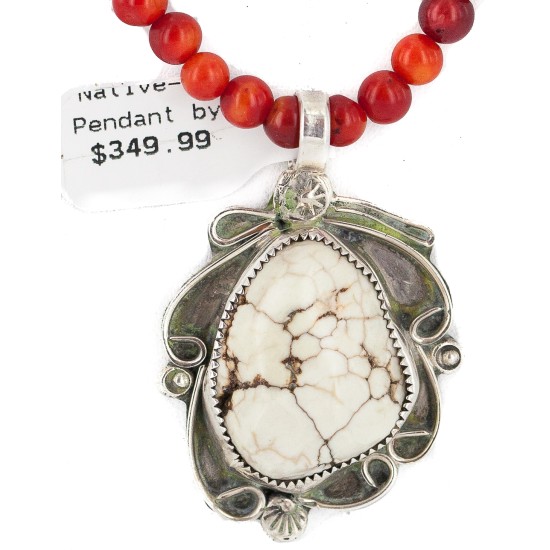 .925 Sterling Silver Certified Authentic Navajo Natural White Buffalo Coral Native American Necklace & Pendant 18279-4-95001