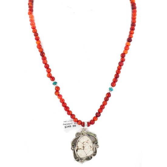 .925 Sterling Silver Certified Authentic Navajo Natural White Buffalo Coral Native American Necklace & Pendant 18279-4-95001