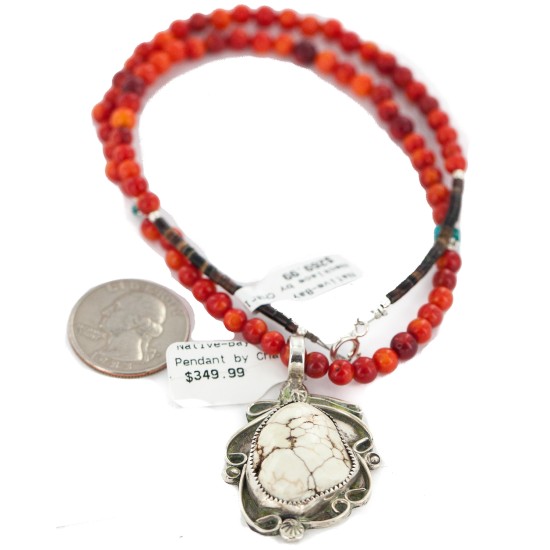 .925 Sterling Silver Certified Authentic Navajo Natural White Buffalo Coral Native American Necklace & Pendant 18279-4-95001
