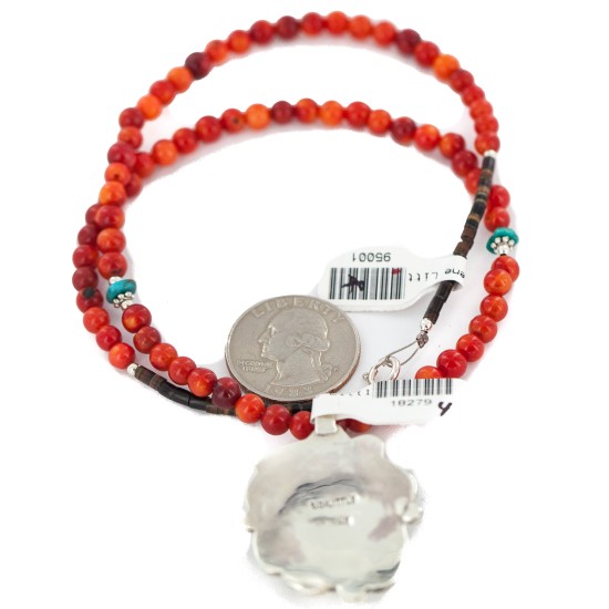 .925 Sterling Silver Certified Authentic Navajo Natural White Buffalo Coral Native American Necklace & Pendant 18279-4-95001