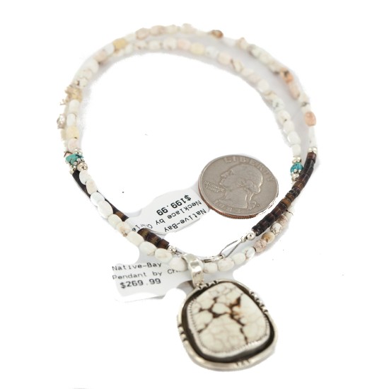 .925 Sterling Silver Certified Authentic Navajo Natural White Buffalo Native American Necklace 18280-3-15975-8