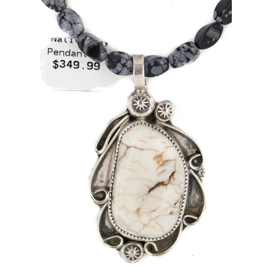 .925 Sterling Silver Certified Authentic Navajo Natural White Buffalo Snowflake Obsidian Native American Necklace 18279-3-16037-6