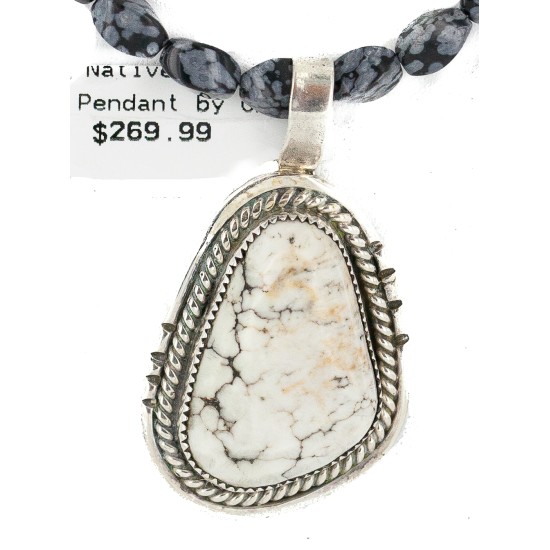 .925 Sterling Silver Certified Authentic Navajo Natural White Buffalo Snowflake Obsidian Native American Necklace 18280-2-16037-6