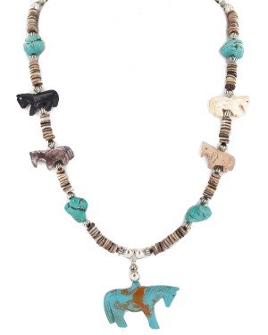Carved Fetish Horse .925 Sterling Silver Certified Authentic Navajo Natural Jasper Bone Graduated Melon Shell Native American Necklace 18266