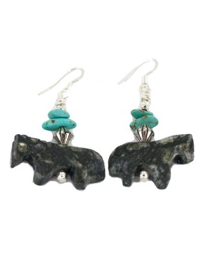 Carved Fetish Horse .925 Sterling Silver Hooks Certified Authentic Navajo Natural Turquoise Jasper Native American Earrings 18268