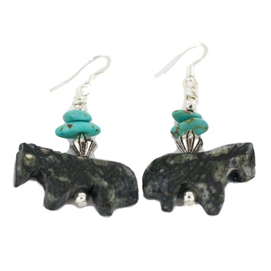 Carved Fetish Horse .925 Sterling Silver Hooks Certified Authentic Navajo Natural Turquoise Jasper Native American Earrings 18268