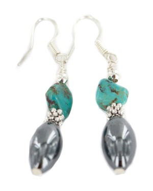 Certified Authentic .925 Sterling Silver Navajo Natural Turquoise Hematite Native American Dangle Earrings 18270-4