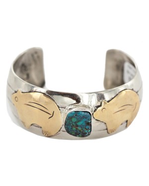 Certified Authentic Handmade Bear Nickel Brass Natural Spiderweb Turquoise Navajo Native American Bracelet 13164