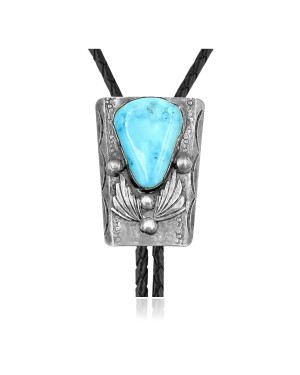 Feather .925 Sterling Silver Certified Authentic Handmade Navajo Native American Natural Turquoise Bolo Tie 34150