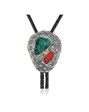 Handmade Certified Authentic Navajo .925 Sterling Silver Native American Natural Turquoise Coral Bolo Tie 34155