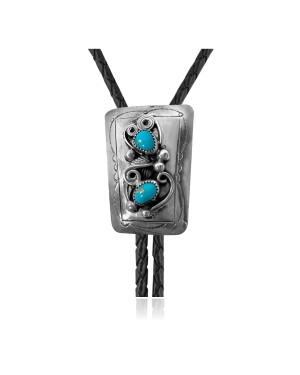 Handmade Certified Authentic Navajo .925 Sterling Silver Native American Natural Turquoise Bolo Tie 34156