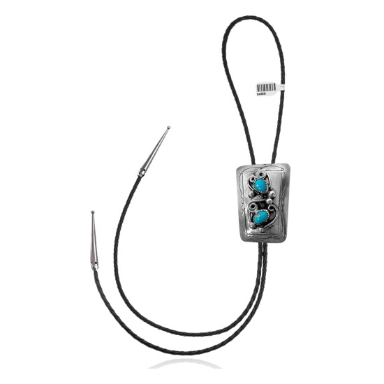 Handmade Certified Authentic Navajo .925 Sterling Silver Native American Natural Turquoise Bolo Tie 34156