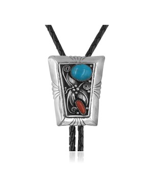 Handmade Certified Authentic Navajo .925 Sterling Silver Native American Natural Turquoise Coral Bolo Tie 34158