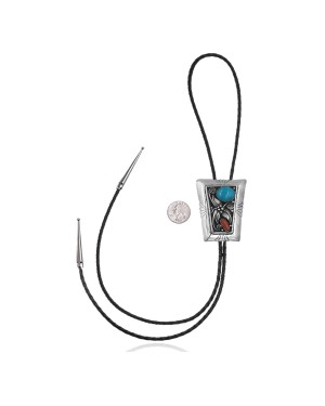 Handmade Certified Authentic Navajo .925 Sterling Silver Native American Natural Turquoise Coral Bolo Tie 34158