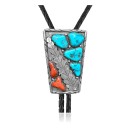 Feather Bolo Tie – .925 Sterling Silver with Turquoise & Coral