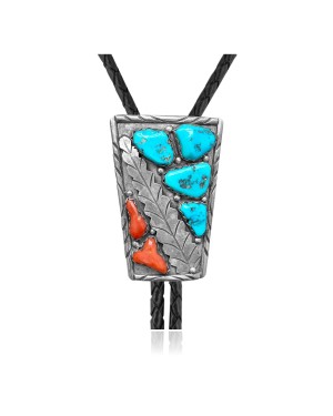Feather .925 Sterling Silver Certified Authentic Handmade Navajo Native American Natural Turquoise Coral Bolo Tie 34159