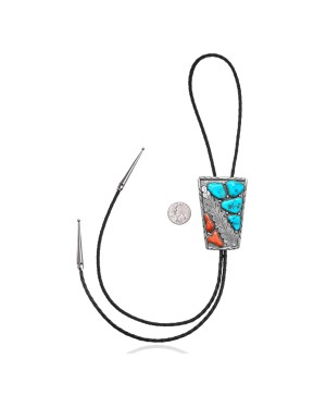 Feather .925 Sterling Silver Certified Authentic Handmade Navajo Native American Natural Turquoise Coral Bolo Tie 34159