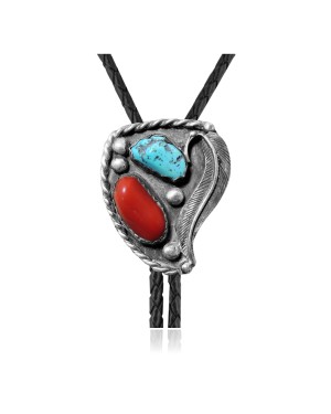 Feather .925 Sterling Silver Certified Authentic Handmade Navajo Native American Natural Turquoise Coral Bolo Tie 34160
