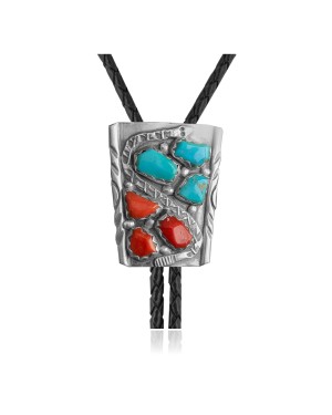 Handmade Certified Authentic Navajo .925 Sterling Silver Native American Natural Turquoise Coral Bolo Tie 34161