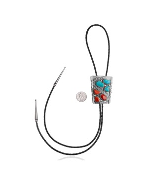 Handmade Certified Authentic Navajo .925 Sterling Silver Native American Natural Turquoise Coral Bolo Tie 34161 Handmade Certified Authentic Navajo .925 Sterling Silver Native American Natural Turquoise Coral Bolo Tie 34161
