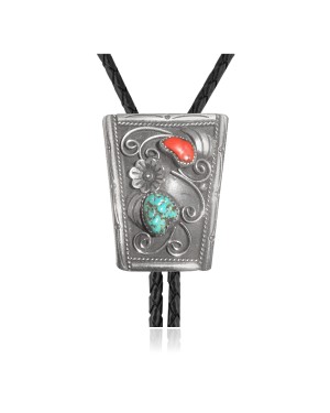 Handmade Certified Authentic Navajo .925 Sterling Silver Native American Natural Turquoise Coral Bolo Tie 34162