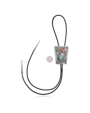 Handmade Certified Authentic Navajo .925 Sterling Silver Native American Natural Turquoise Coral Bolo Tie 34162 Handmade Certified Authentic Navajo .925 Sterling Silver Native American Natural Turquoise Coral Bolo Tie 34162