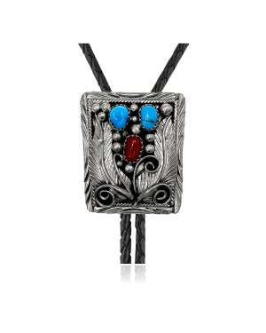 Feather .925 Sterling Silver Certified Authentic Handmade Navajo Native American Natural Turquoise Coral Bolo Tie 34164