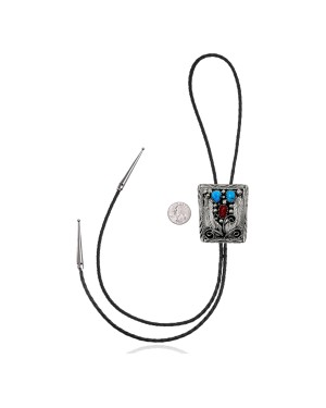 Feather .925 Sterling Silver Certified Authentic Handmade Navajo Native American Natural Turquoise Coral Bolo Tie 34164