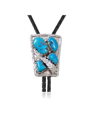 Feather .925 Sterling Silver Certified Authentic Handmade Navajo Native American Natural Turquoise Bolo Tie 34165